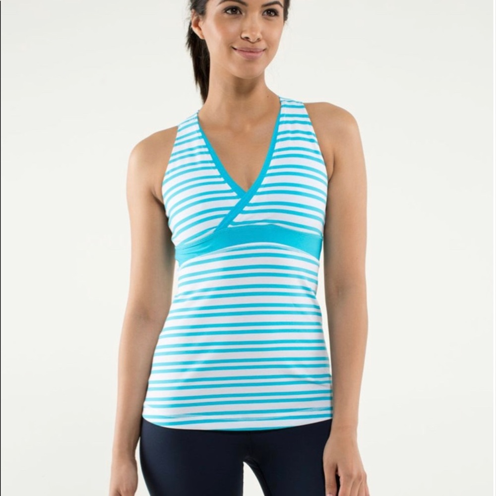 lululemon athletica Aqua and White Striped V-Neck Tank
